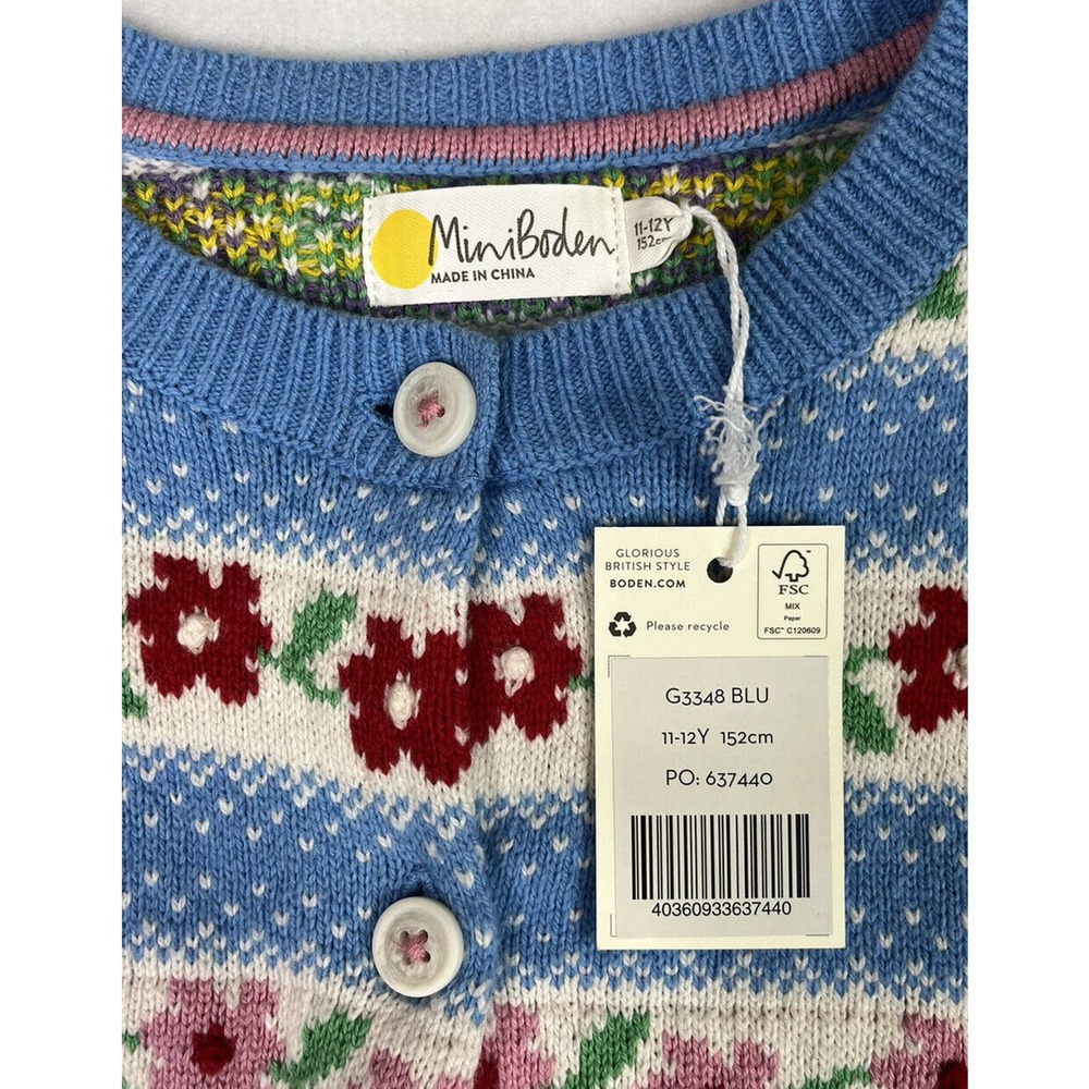 Mini Boden 11-12yo Blue Floral Fair Isle Cardigan NWT - Picture 4 of 6